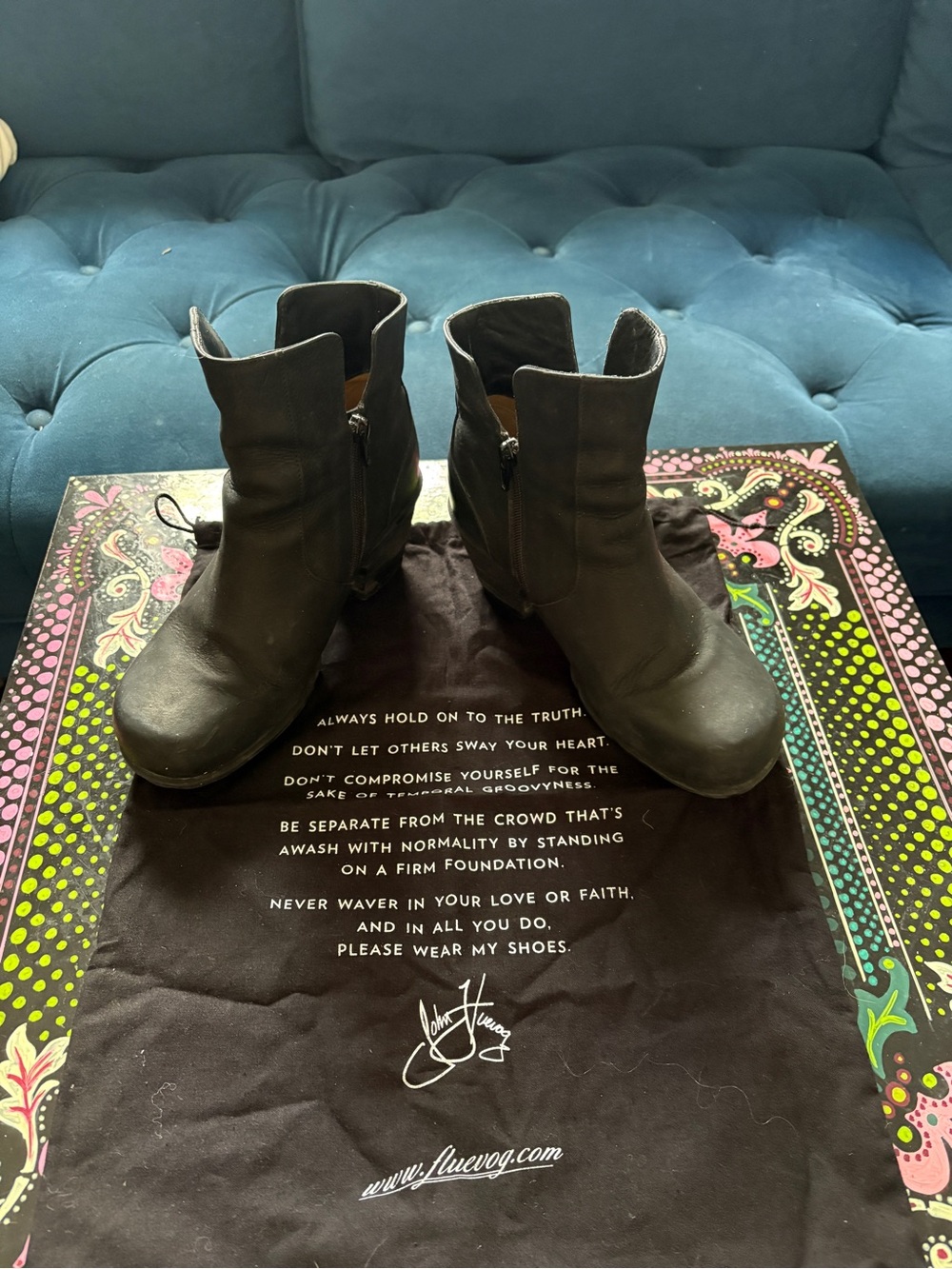 John Fluevog Rosi Black Leather Ankle Booties with Side Zip